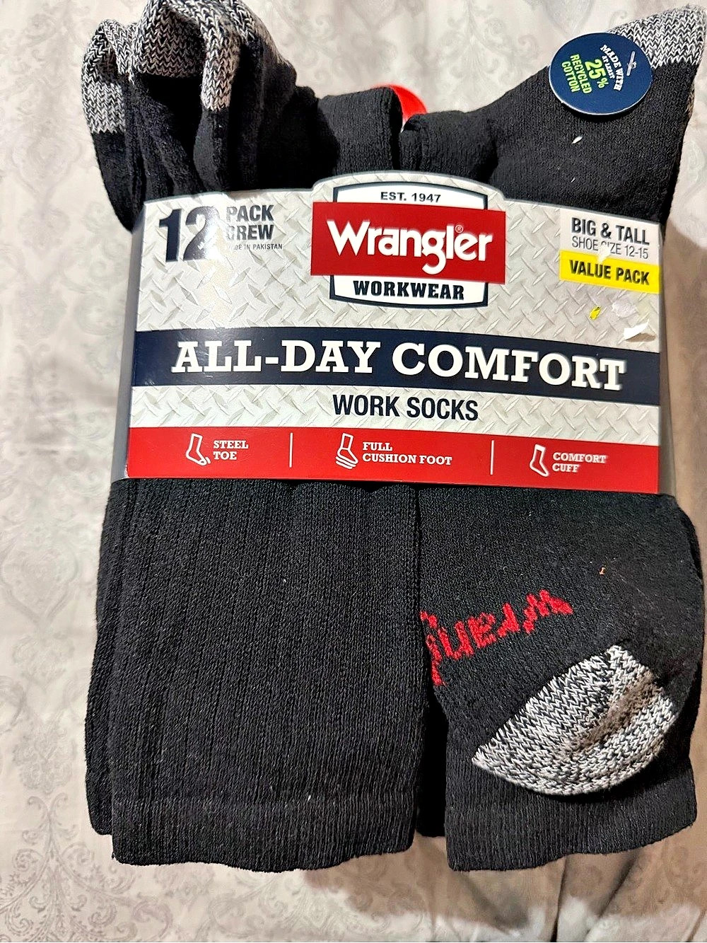 Wrangler All-Day Comfort Work Socks Men's Black & Gray Big & Tall
